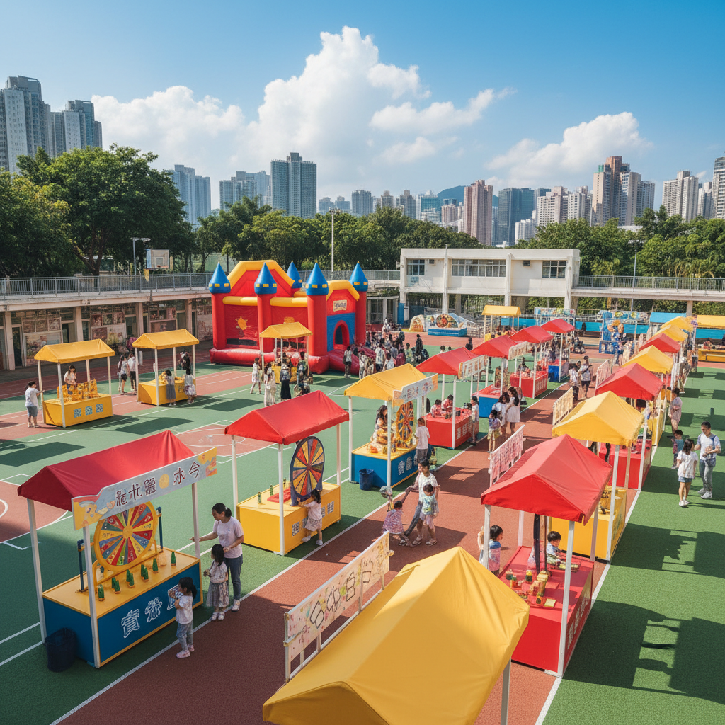 香港學校嘉年華攤位遊戲租借配置示範,展示清晰動線與多樣化遊戲設置