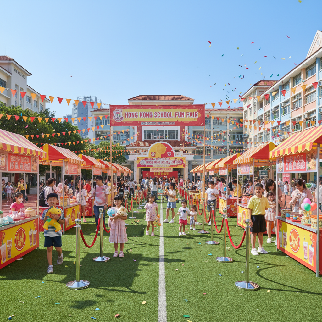 香港學校嘉年華攤位遊戲現場,清晰排隊動線與歡樂氣氛