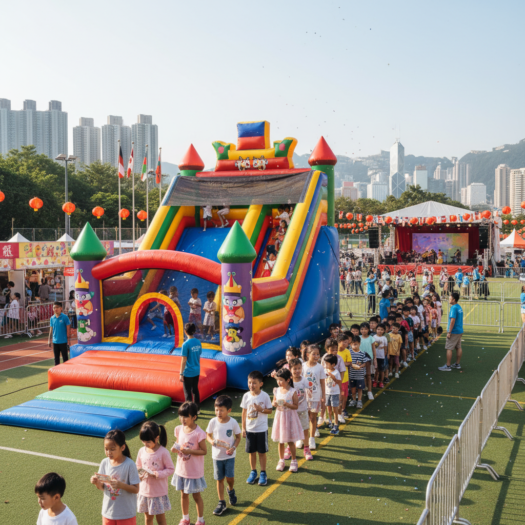 香港學校嘉年華活動中的充氣彈床與排隊兒童