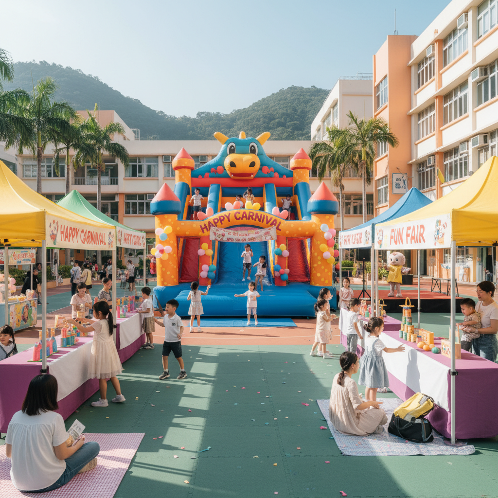 香港學校嘉年華現場,學生在充氣城堡和攤位遊戲中開心玩樂,家長在旁觀看