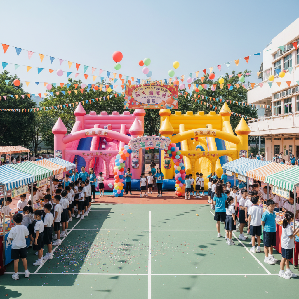 香港小學校園嘉年華活動現場,設有充氣彈床、攤位遊戲和分區管理,學生有序參與