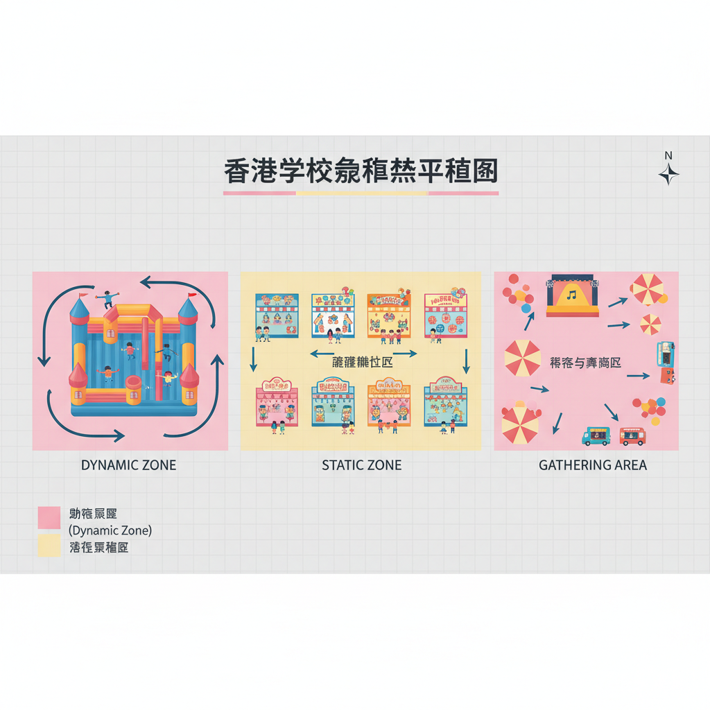 學校嘉年華分區設計示意圖,展示動態區、靜態區與集合區的配置和人流動線