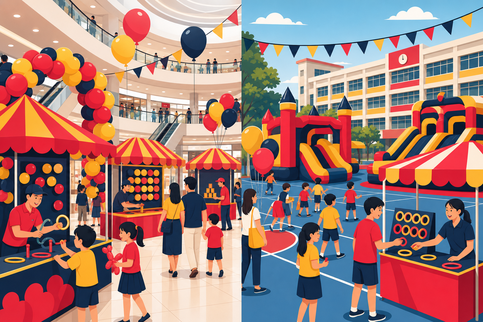 香港商場嘉年華與學校嘉年華攤位佈置對比插圖