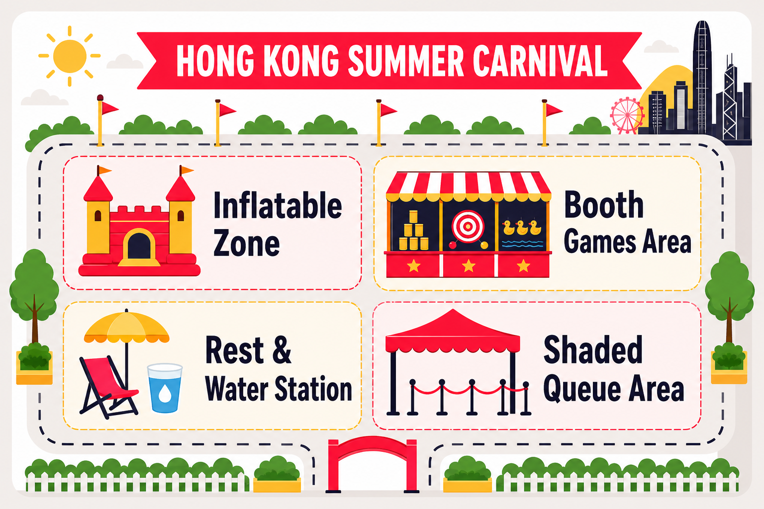 香港炎夏嘉年華活動場地分區示意圖,包括充氣設施區、攤位遊戲區、休息補水站及遮蔭等候區
