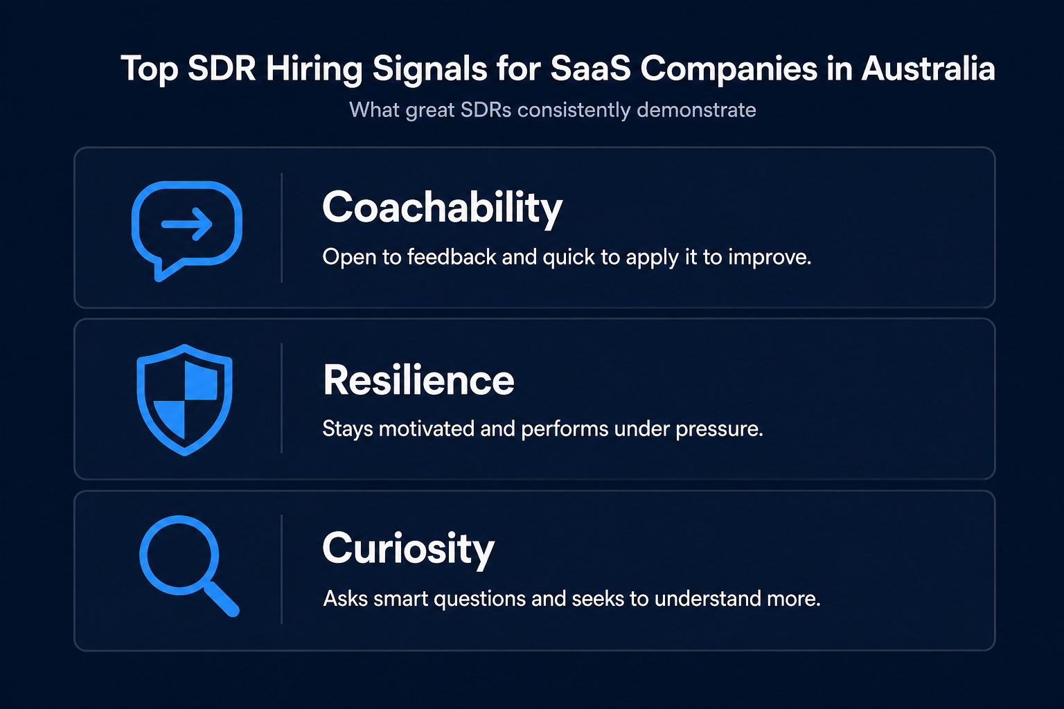Three key SDR hiring signals: coachability, resilience, and curiosity illustrated as infographic cards
