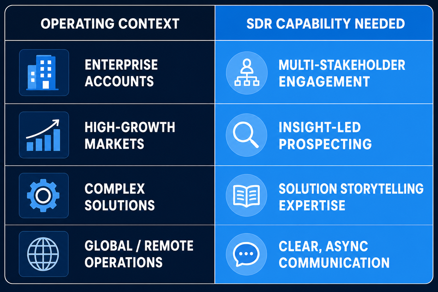 SDR hiring context vs capability comparison chart for SaaS go-to-market teams