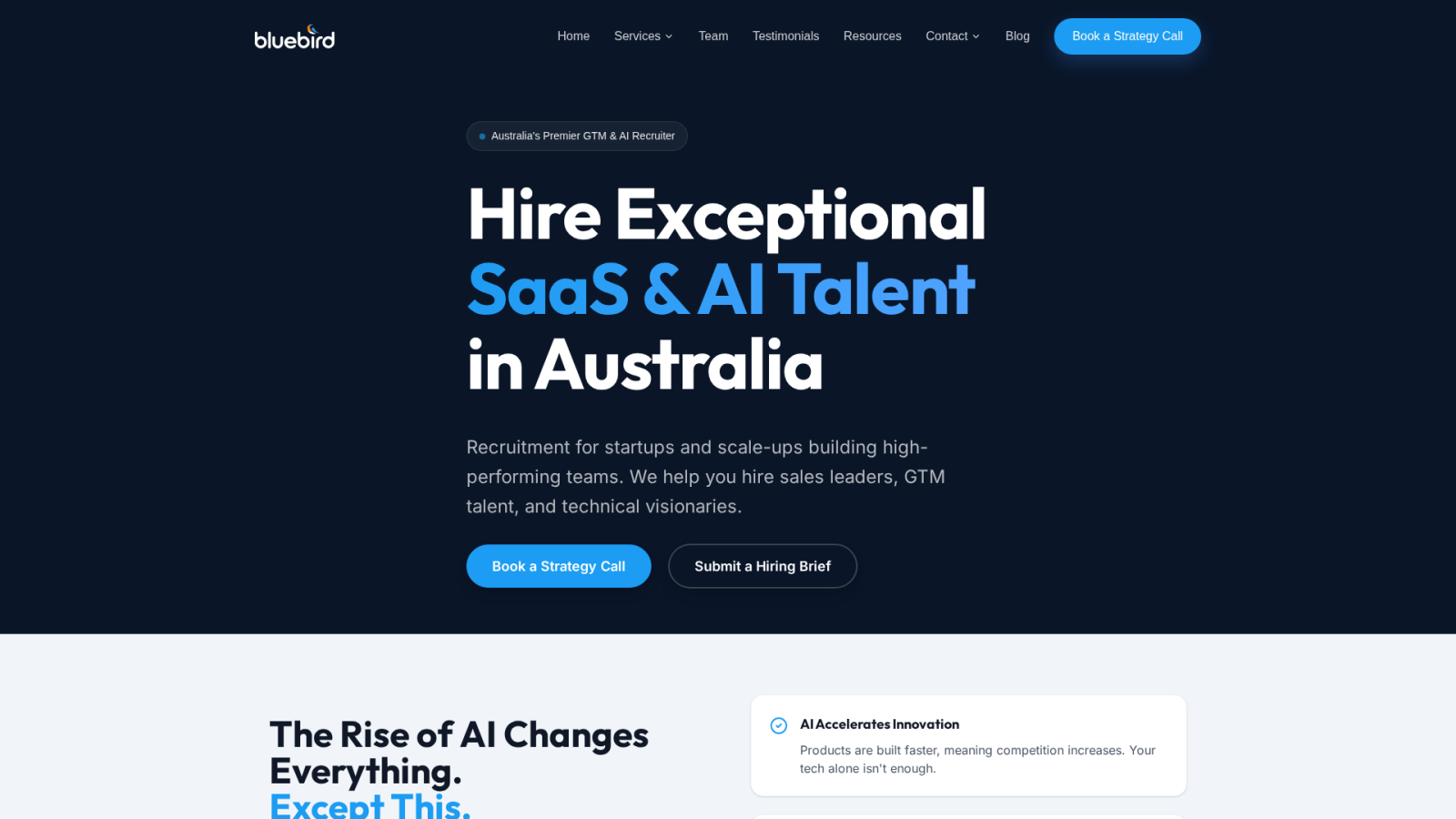 Bluebird Talent homepage - Australia SaaS and GTM sales recruitment agency